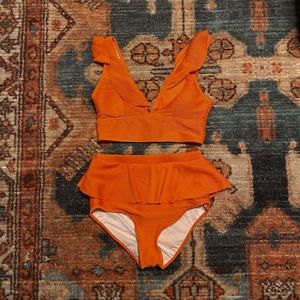 High Waist Swimsuit Bikini Set Ribbed Ruffle V Neck